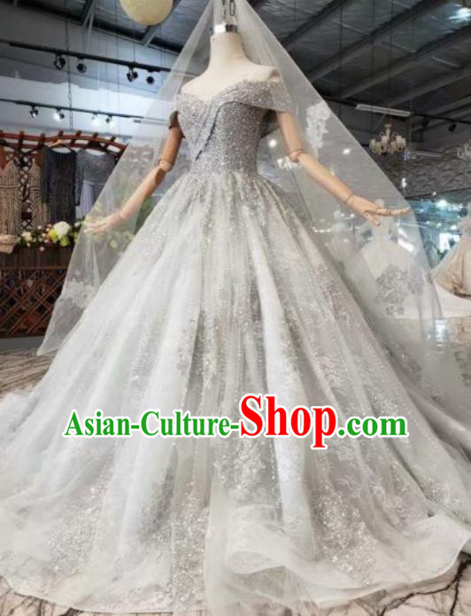 Customize Handmade Princess Grey Veil Trailing Dress Wedding Court Bride Costume for Women