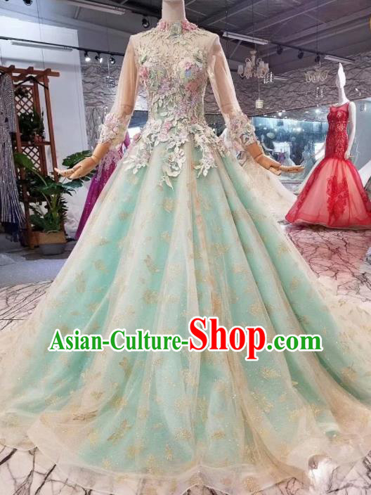 Top Grade Customize Modern Fancywork Light Green Veil Full Dress Court Princess Waltz Dance Costume for Women