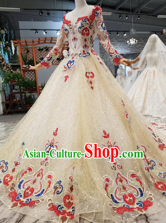Customize Handmade Princess Embroidered Red Flowers Trailing Dress Wedding Court Bride Costume for Women