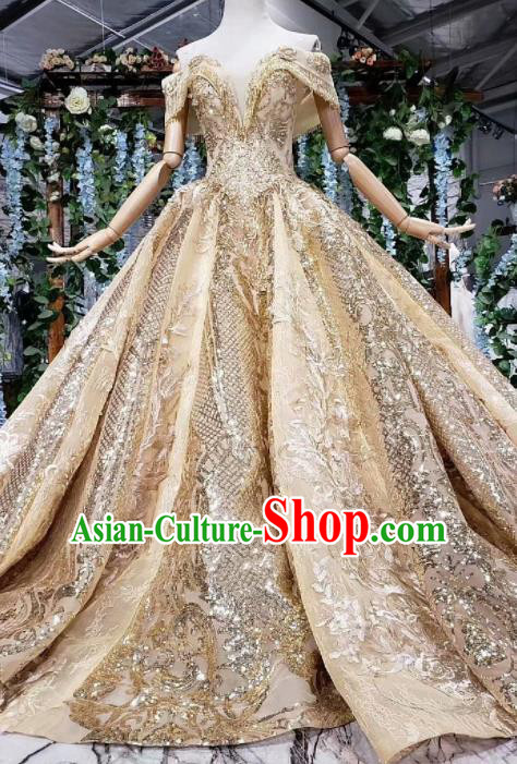Top Grade Customize Embroidered Golden Trailing Full Dress Court Princess Waltz Dance Costume for Women