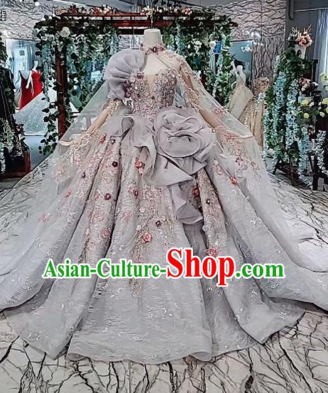 Customize Embroidered Grey Veil Trailing Full Dress Top Grade Court Princess Waltz Dance Costume for Women