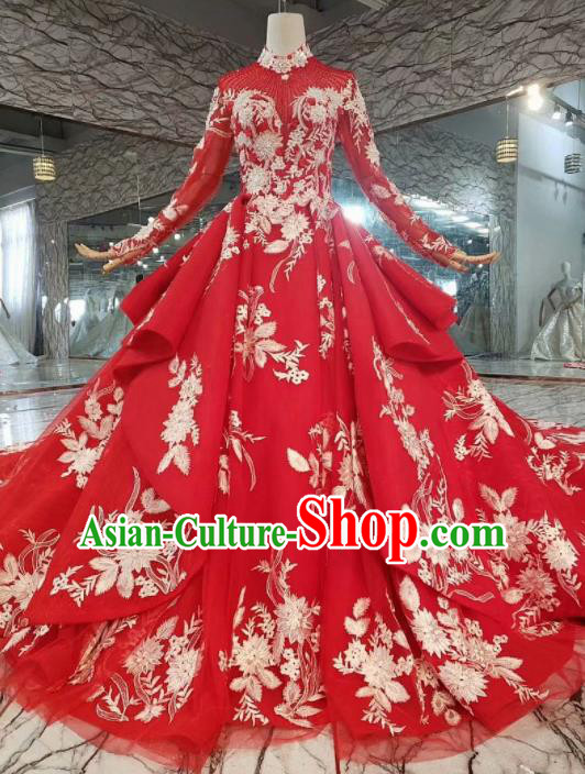 Chinese Customize Embroidered Court Red Veil Trailing Wedding Dress Top Grade Bride Costume for Women