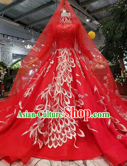 Chinese Customize Court Embroidered Red Veil Trailing Wedding Dress Top Grade Bride Costume for Women