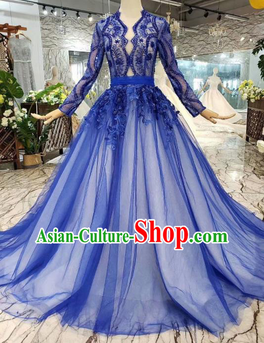 Customize Embroidered Royalblue Veil Full Dress Top Grade Court Princess Waltz Dance Costume for Women