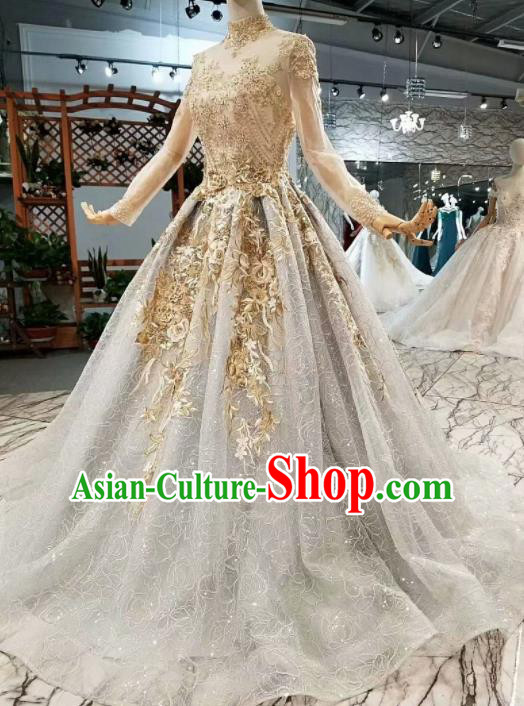Top Grade Customize Modern Fancywork Grey Veil Full Dress Court Princess Waltz Dance Costume for Women