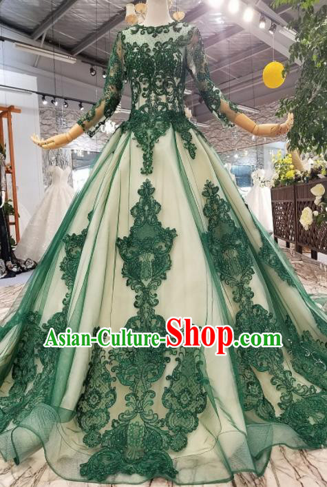 Top Grade Customize Modern Fancywork Green Lace Full Dress Court Princess Waltz Dance Costume for Women