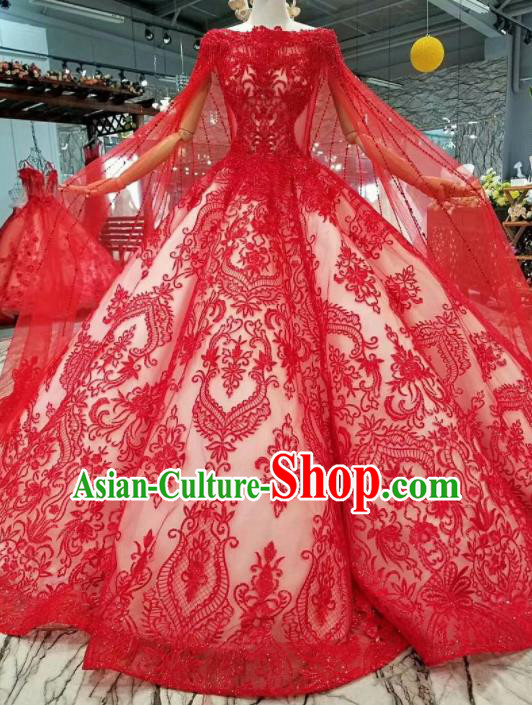 Top Grade Modern Fancywork Red Lace Full Dress Customize Waltz Dance Costume for Women