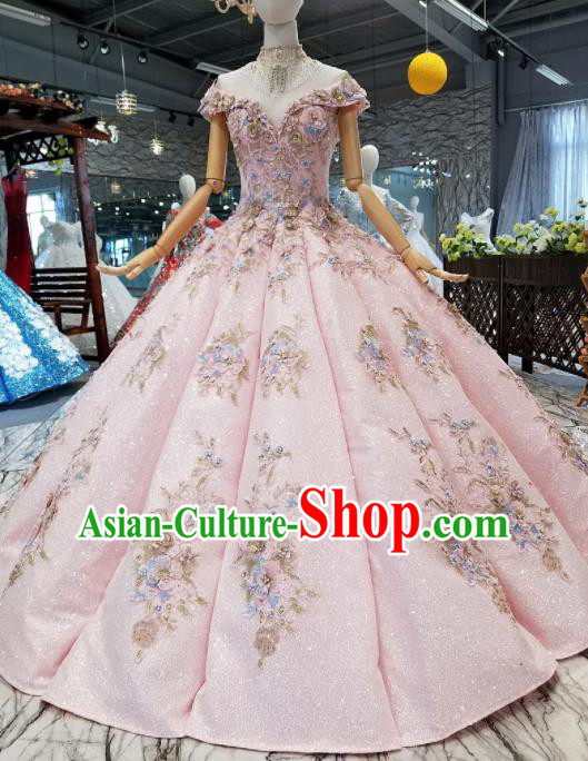 Top Grade Modern Fancywork Pink Full Dress Customize Waltz Dance Costume for Women
