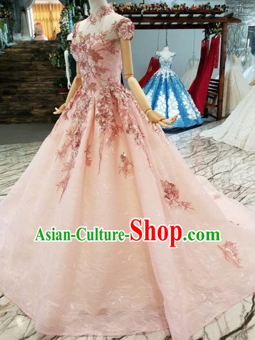 Top Grade Modern Fancywork Embroidered Pink Full Dress Customize Waltz Dance Costume for Women