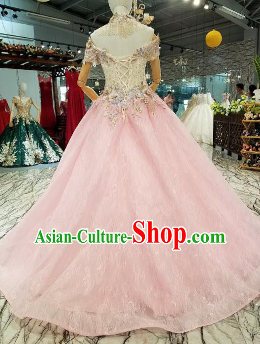 Top Grade Modern Fancywork Pink Veil Full Dress Customize Waltz Dance Costume for Women