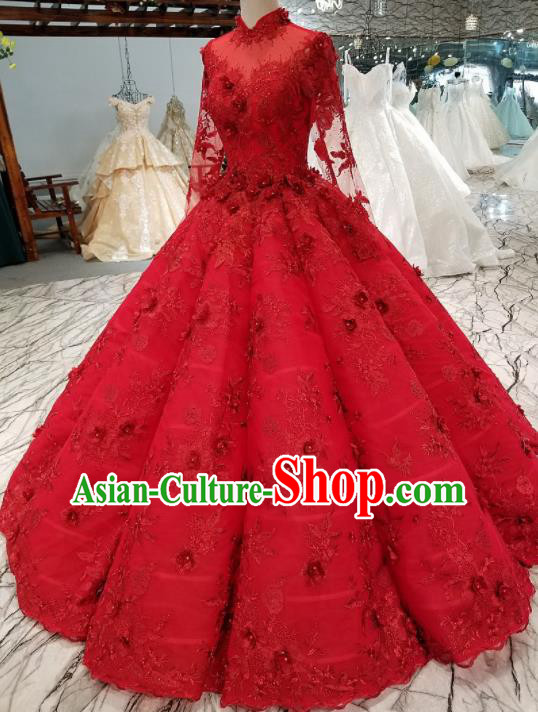 Top Grade Red Lace Full Dress Customize Modern Fancywork Princess Waltz Dance Costume for Women