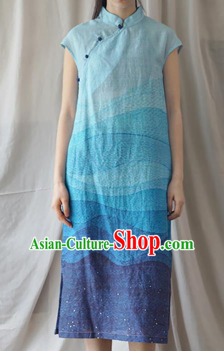 Chinese Traditional National Costume Blue Linen Qipao Dress Tang Suit Cheongsam for Women