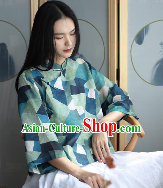 Chinese Traditional National Costume Green Linen Blouse Tang Suit Upper Outer Garment for Women