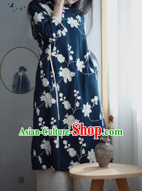 Chinese Traditional National Costume Embroidered Navy Qipao Dress Tang Suit Cheongsam for Women