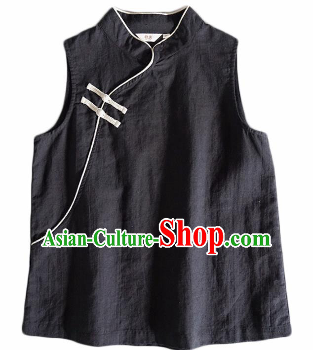 Chinese Traditional National Costume Black Linen Vest Tang Suit Upper Outer Garment for Women