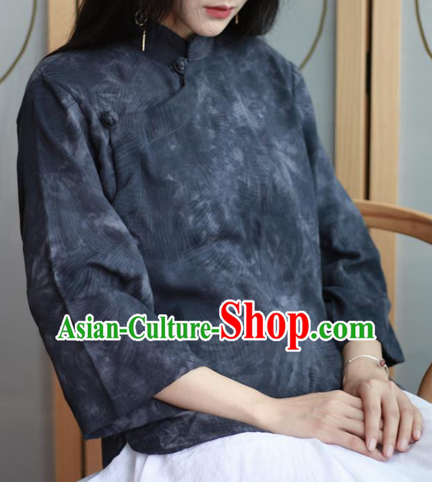 Chinese Traditional National Costume Printing Navy Blouse Tang Suit Upper Outer Garment for Women