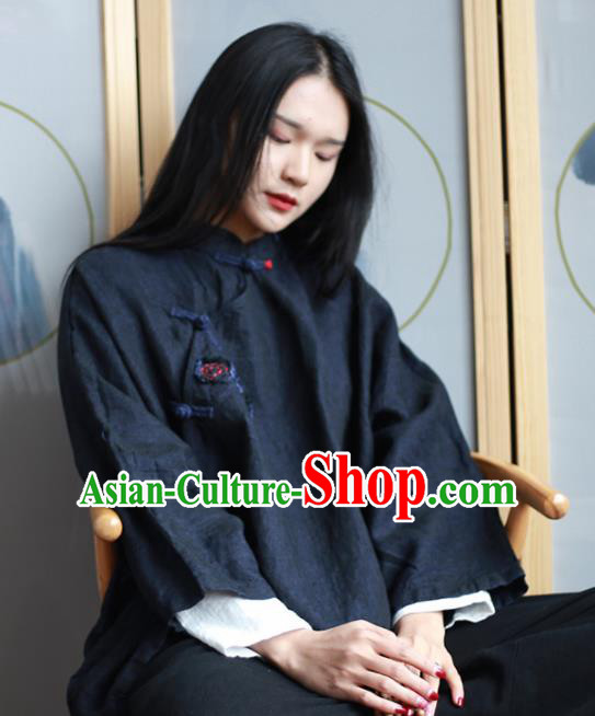 Chinese Traditional National Costume Navy Linen Blouse Tang Suit Upper Outer Garment for Women