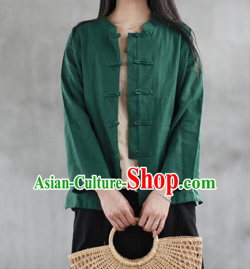 Chinese Traditional National Costume Green Linen Shirt Tang Suit Upper Outer Garment for Women