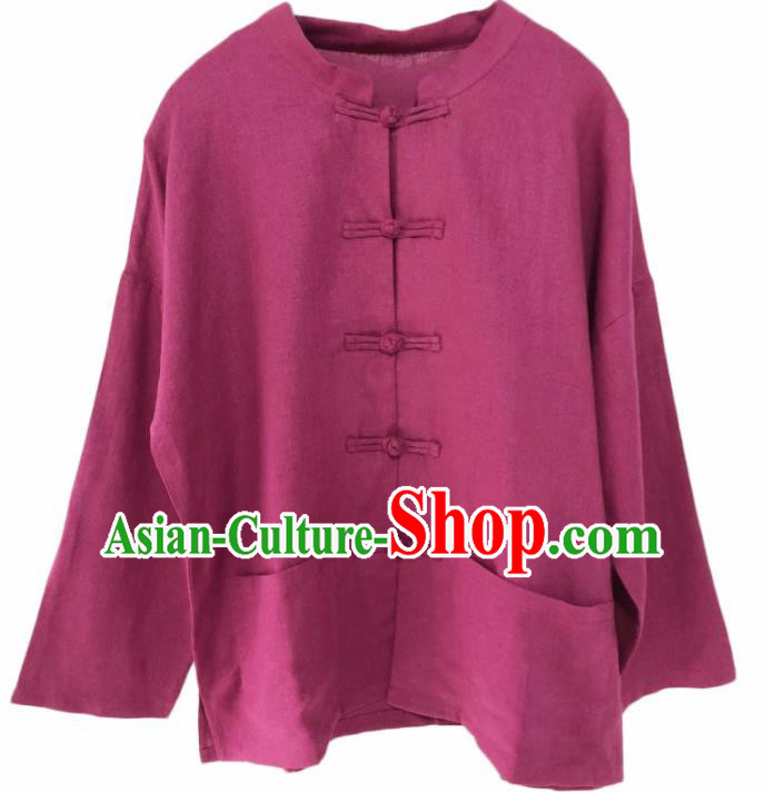 Chinese Traditional National Costume Wine Red Linen Shirt Tang Suit Upper Outer Garment for Women