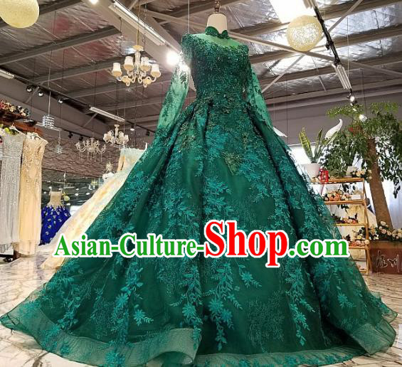 Top Grade Embroidered Deep Green Full Dress Customize Modern Fancywork Princess Waltz Dance Costume for Women