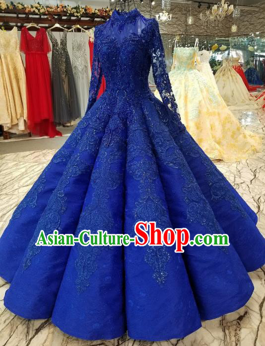 Top Grade Embroidered Royalblue Lace Full Dress Customize Modern Fancywork Princess Waltz Dance Costume for Women