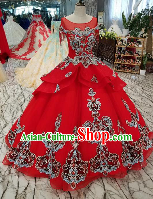 Top Grade Embroidered Red Full Dress Customize Modern Fancywork Princess Waltz Dance Costume for Women