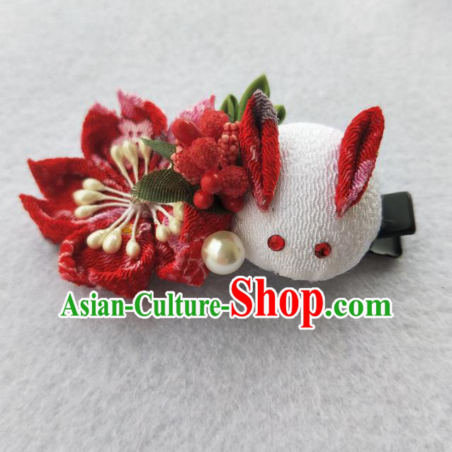 Traditional Japan Geisha Red Sakura Rabbit Hair Claw Japanese Kimono Hair Accessories for Women