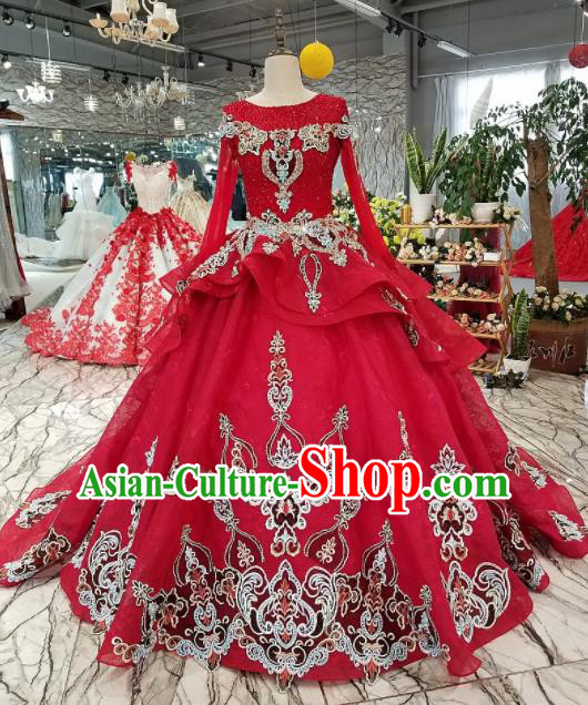Top Grade Embroidered Long Trailing Red Full Dress Customize Modern Fancywork Princess Waltz Dance Costume for Women