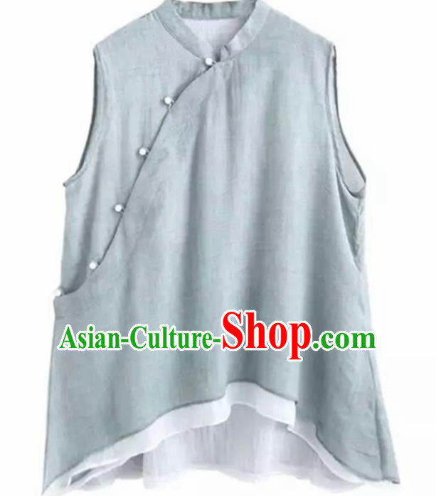 Chinese Traditional National Costume Tang Suit Slant Opening Blue Vest Upper Outer Garment for Women