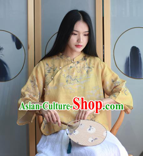 Chinese Traditional National Costume Printing Crane Yellow Blouse Tang Suit Upper Outer Garment for Women