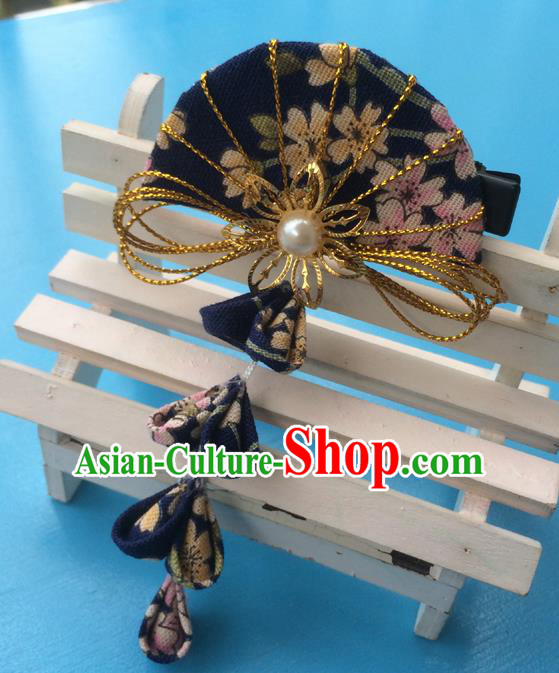 Traditional Japan Navy Fan Tassel Hair Claw Japanese Kimono Hair Accessories for Women