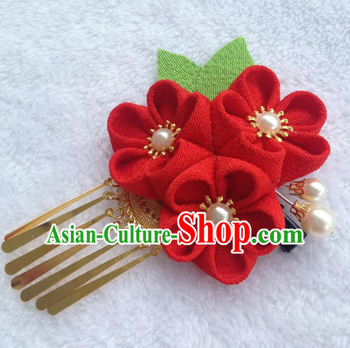 Traditional Japan Red Silk Sakura Tassel Hair Stick Japanese Kimono Hair Accessories for Women