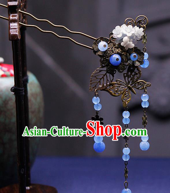Traditional China Ancient Princess Blue Beads Tassel Hairpins Chinese Hanfu Hair Accessories for Women