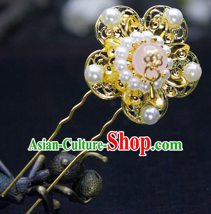 China Ancient Princess Pearls Plum Blossom Golden Hairpins Chinese Traditional Hanfu Hair Accessories for Women