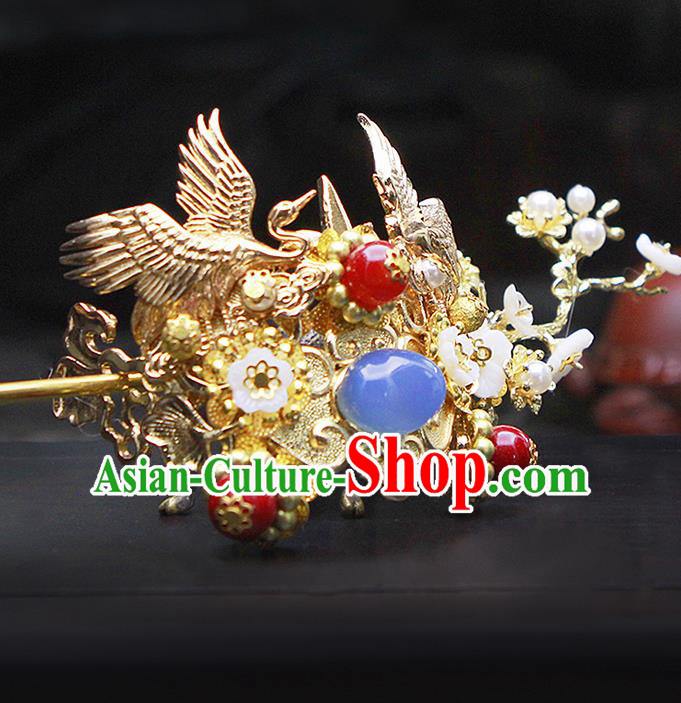 China Ancient Swordsman Blue Bead Cranes Hairdo Crown Hairpins Chinese Traditional Hanfu Hair Accessories for Men