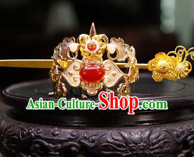 China Ancient Swordsman Red Stone Hairdo Crown Hairpins Chinese Traditional Hanfu Hair Accessories for Men
