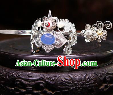 China Ancient Swordsman Blue Stone Argent Hairdo Crown Hairpins Chinese Traditional Hanfu Hair Accessories for Men