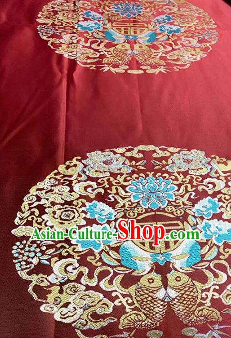 Asian Chinese Traditional Double Fishes Lotus Pattern Design Red Brocade Fabric Silk Fabric Chinese Fabric Asian Material