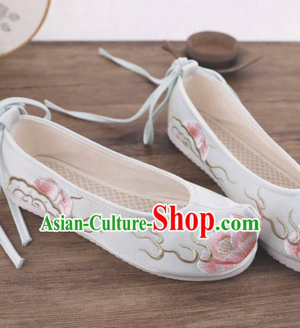 Chinese Traditional Hanfu Shoes Ancient Princess Light Blue Embroidered Shoes National Wedding Shoes for Women