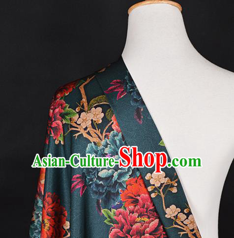 Chinese Traditional Peony Pattern Design Atrovirens Satin Watered Gauze Brocade Fabric Asian Silk Fabric Material