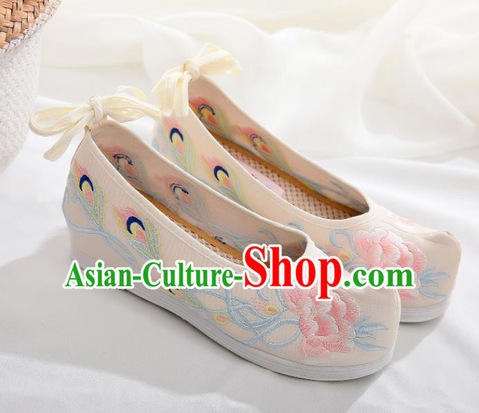 Chinese Traditional Hanfu Shoes Ancient Princess Embroidered Peony Beige Shoes National Cloth Shoes for Women