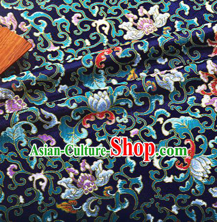 Chinese Traditional Hanfu Silk Fabric Classical Lotus Pattern Design Navy Brocade Tang Suit Fabric Material