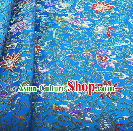 Chinese Traditional Hanfu Silk Fabric Classical Lotus Pattern Design Blue Brocade Tang Suit Fabric Material