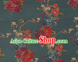 Chinese Traditional Peony Flowers Pattern Design Dark Green Satin Watered Gauze Brocade Fabric Asian Silk Fabric Material