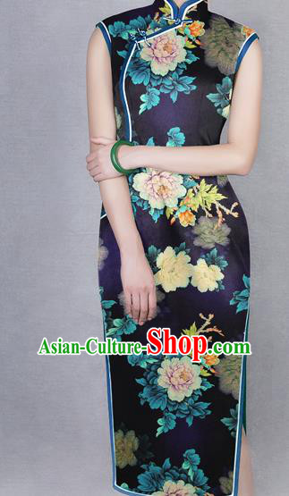 Chinese Traditional Peony Pattern Design Purple Satin Watered Gauze Brocade Fabric Asian Silk Fabric Material