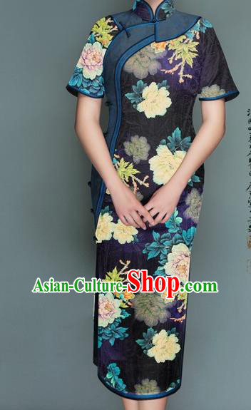 Chinese Traditional Peony Pattern Design Deep Purple Satin Watered Gauze Brocade Fabric Asian Silk Fabric Material