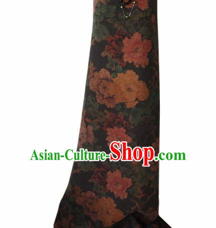Chinese Traditional Peony Pattern Design Dark Green Satin Watered Gauze Brocade Fabric Asian Silk Fabric Material
