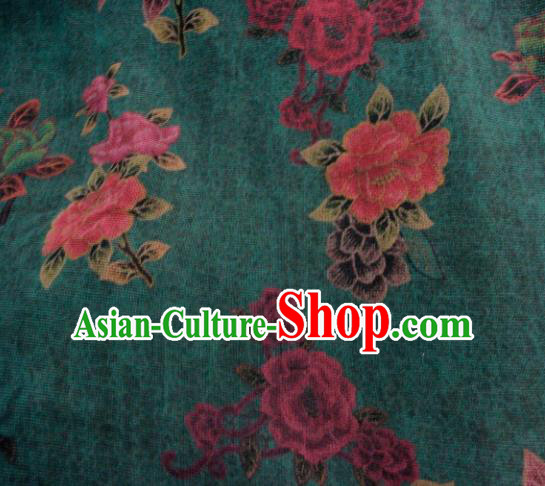 Chinese Traditional Peony Pattern Design Deep Green Satin Watered Gauze Brocade Fabric Asian Silk Fabric Material