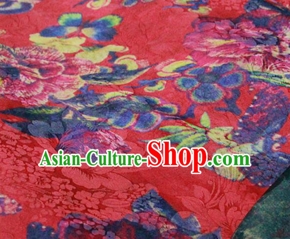 Chinese Traditional Peony Pattern Design Red Satin Watered Gauze Brocade Fabric Asian Silk Fabric Material