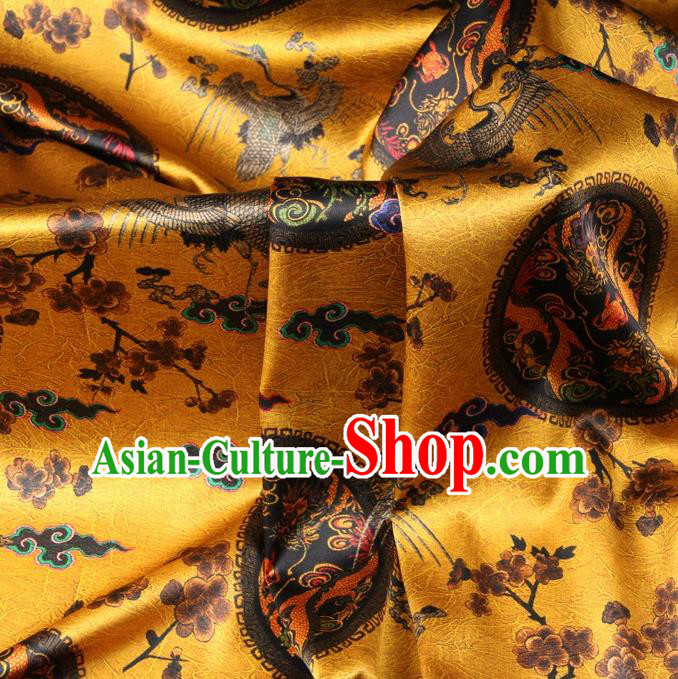 Chinese Traditional Dragon Crane Pattern Design Golden Satin Watered Gauze Brocade Fabric Asian Silk Fabric Material